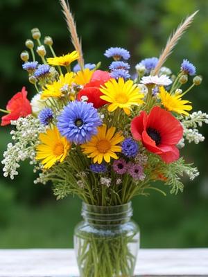 Farbenfroher Sommerstrauß mit Wildblumen und Gräsern